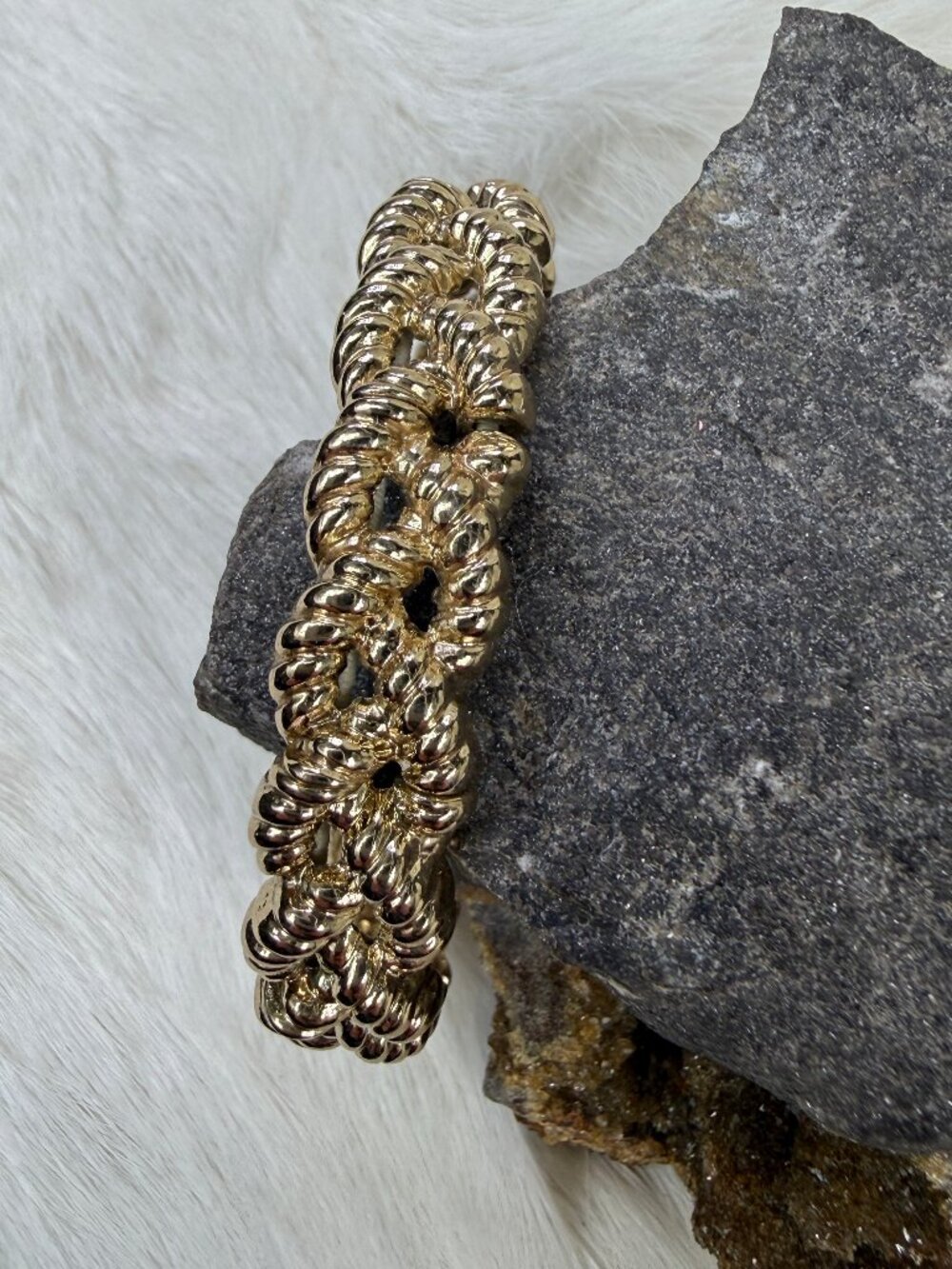Gold Tone Rope Design Stretch Bracelet 6.5" - Picture 2 of 8